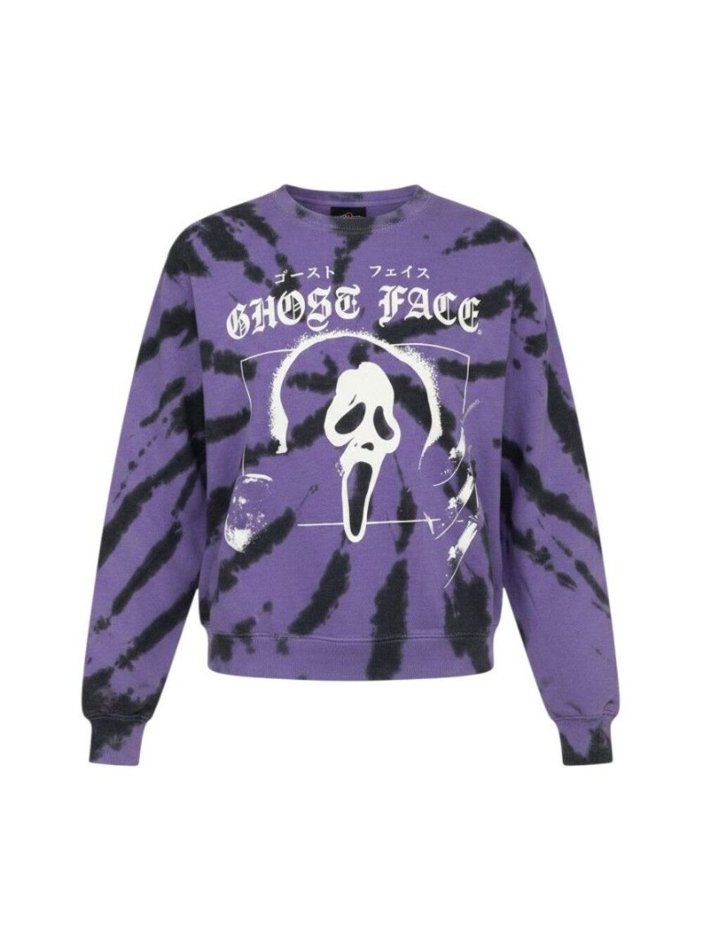 Ghost Face Purple Tie-Dye Sweatshirt Japanese Text & Scream Mask Graphic Size L